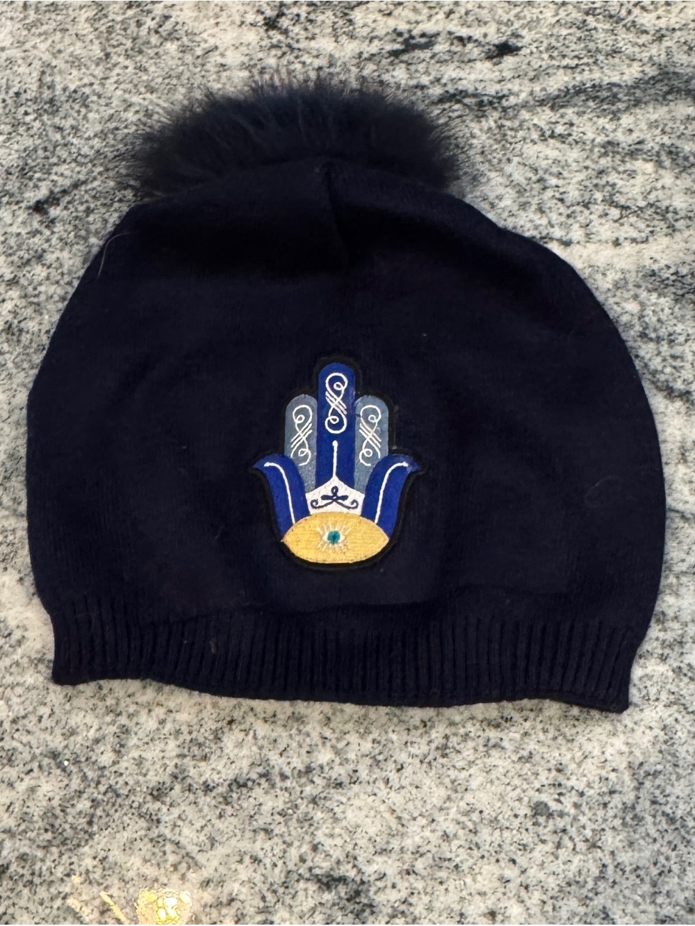 NEW Custom Designed Navy Slouchy Pom Beanie with Embroidered Hamsa